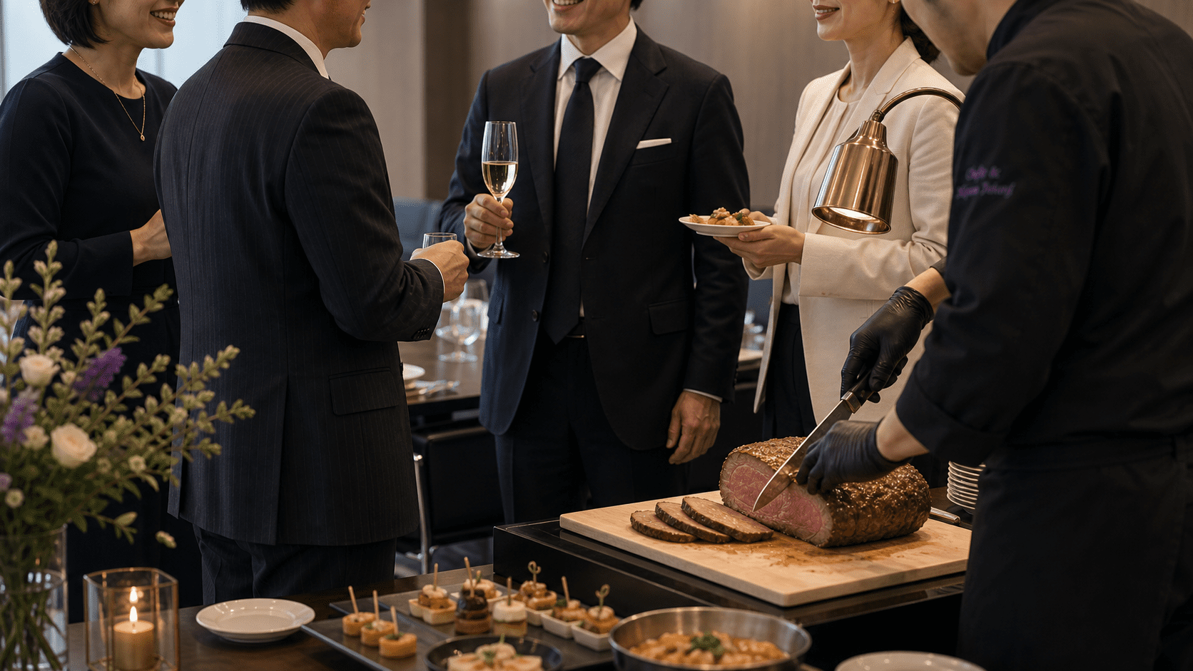 Reception buffet table with floral arrangement and prepared dishes