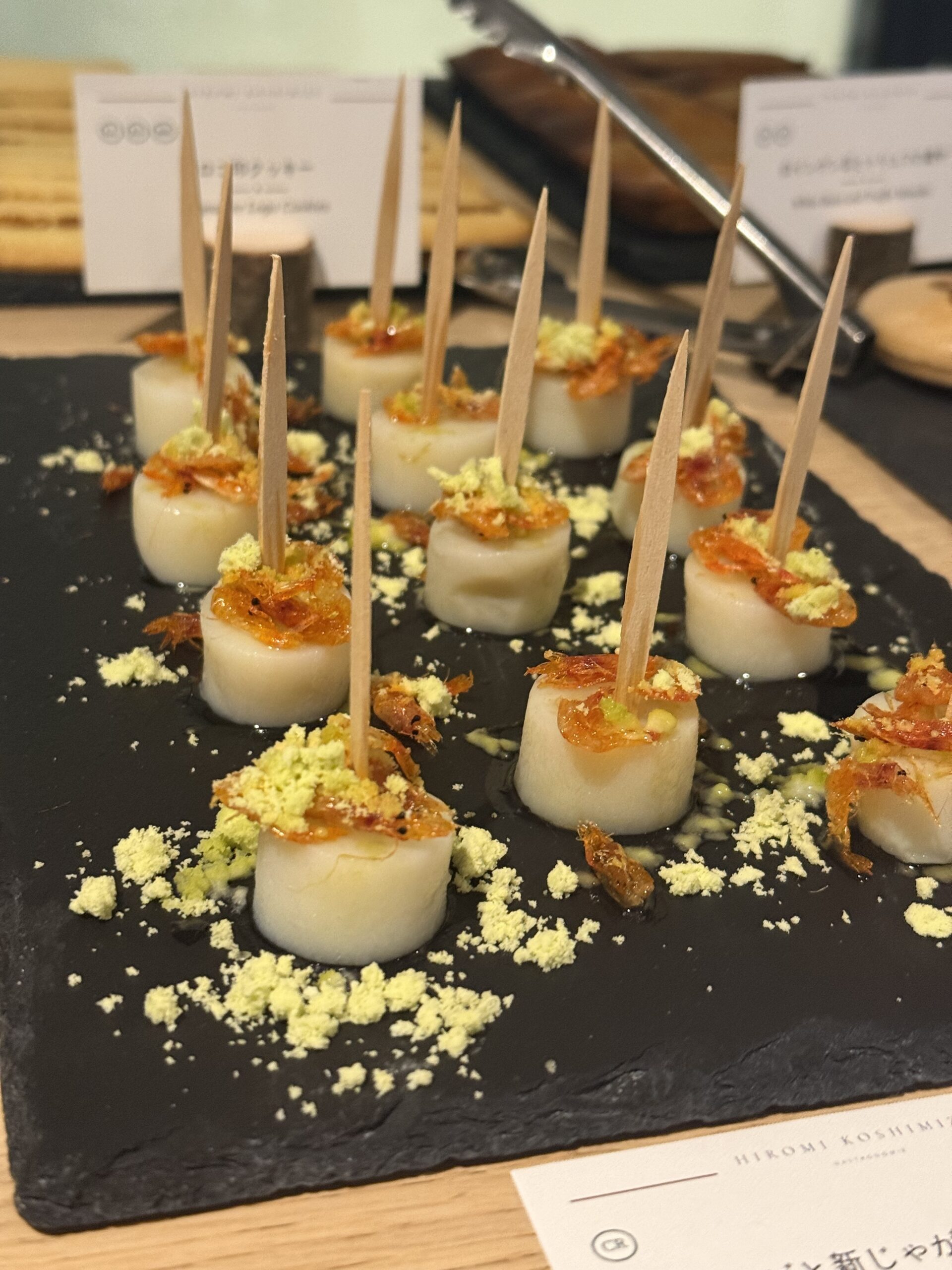 Seasonal pinchos prepared for a reception buffet
