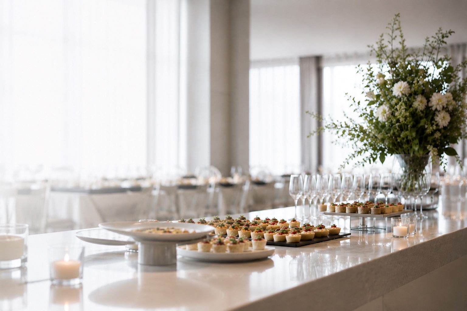 A buffet arranged for a corporate reception, with the room set for guests