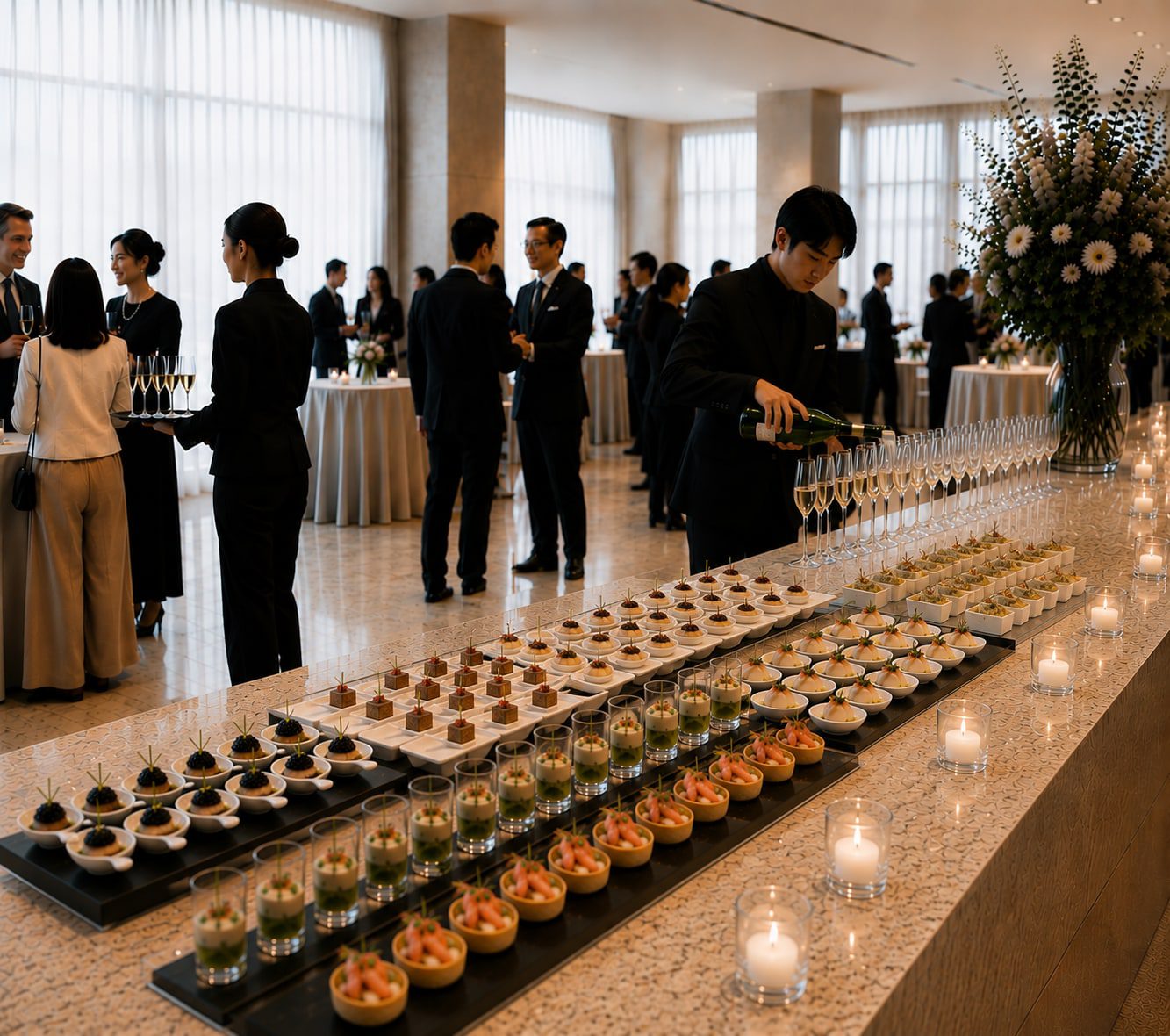 A reception buffet table set for a corporate event, with service staff attending
