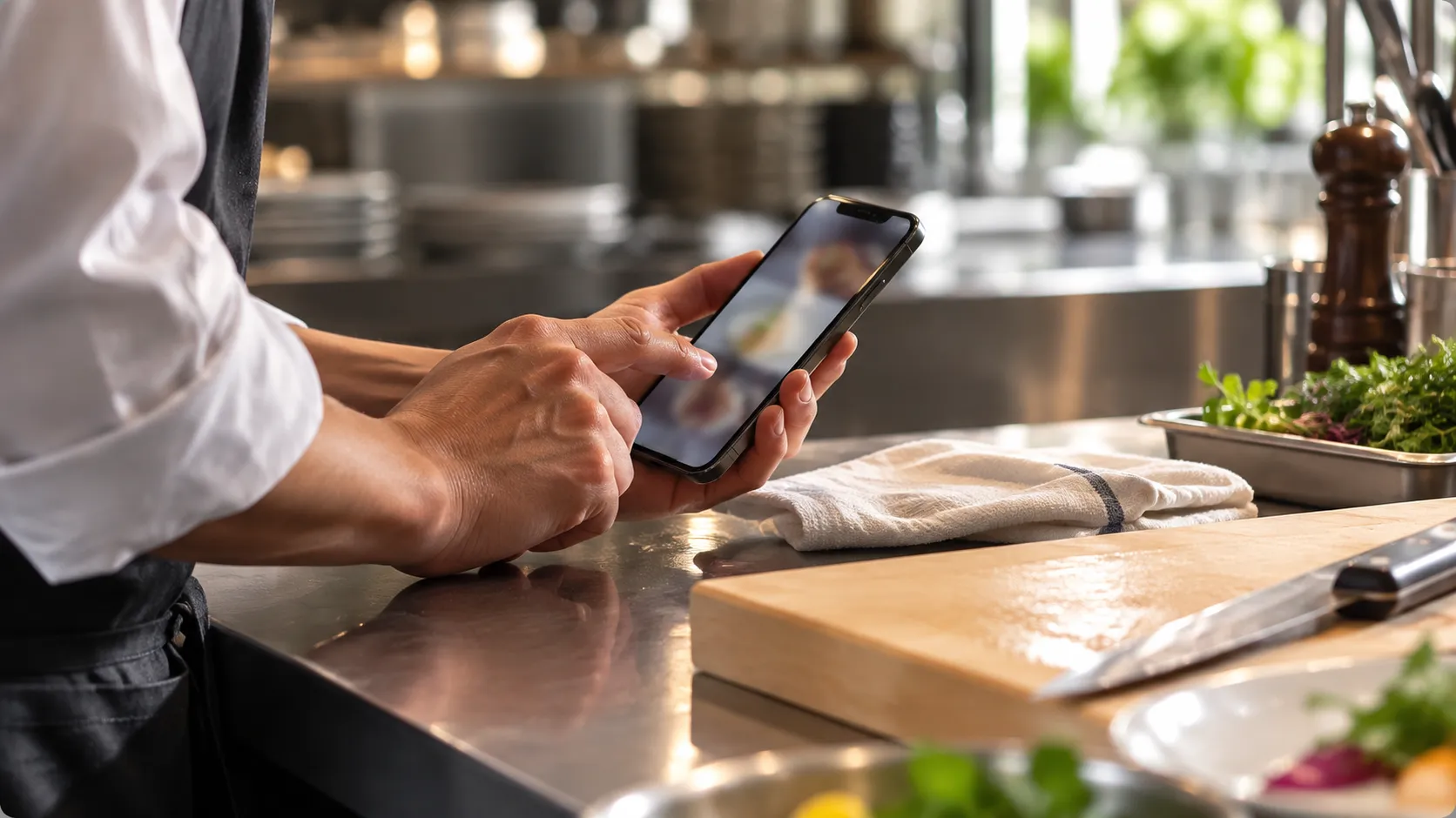 厨房でスマートフォンの画面を確認する料理人