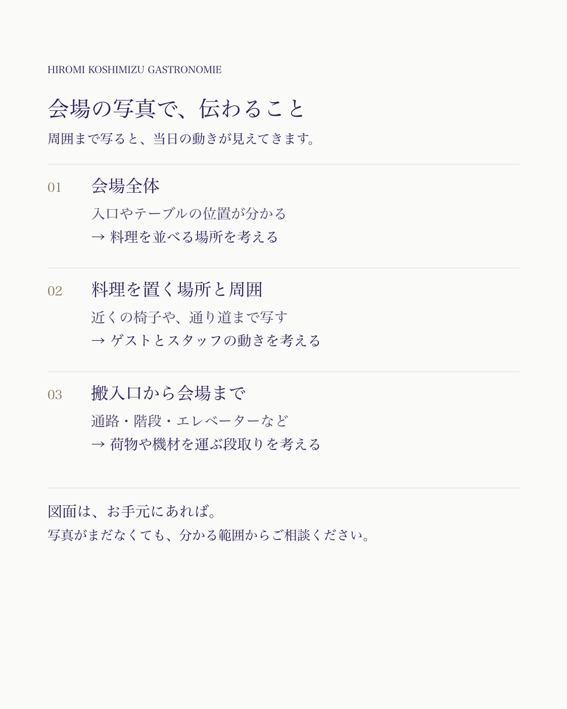 会場の写真で伝えたい三つのこと。会場全体はテーブルや入口の位置、料理を置く場所は周りを通る人の動き、搬入経路は荷物を運ぶ段取りの参考になります。図面は手元にあれば参考にし、新しく用意する必要はありません。