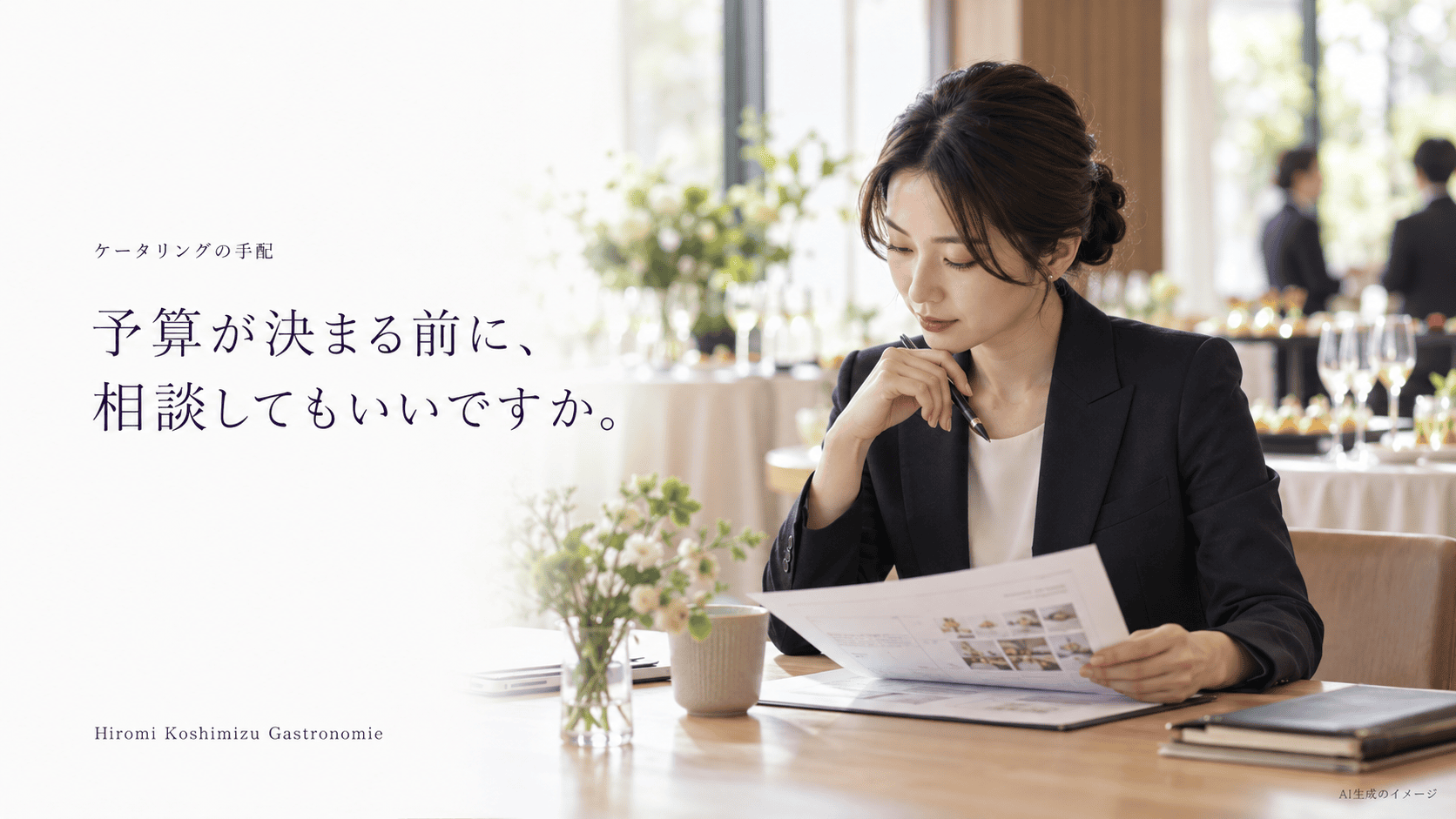 会食の手配を検討する担当者のAI生成イメージ