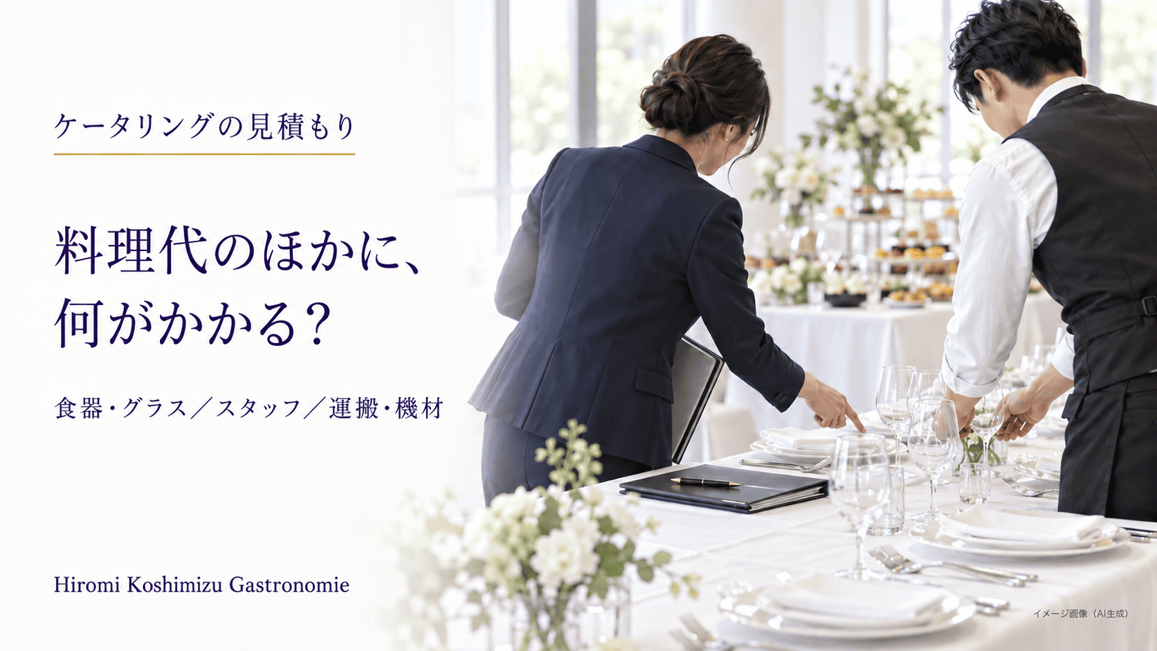 担当者とサービススタッフが会場で食器やグラスを確認する場面。料理代のほかに、何がかかる？ 食器・グラス、スタッフ、運搬・機材。AI生成のイメージ画像。